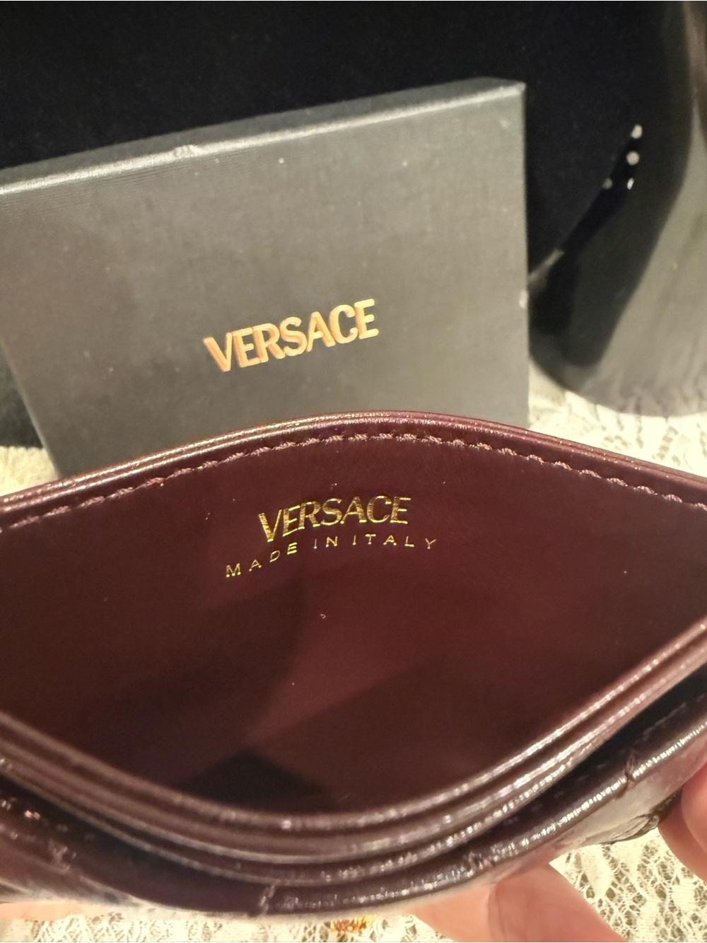 Versace Deep Wine Quilted Card Case with Gold Medusa Button Full inclusion! - Picture 4 of 4